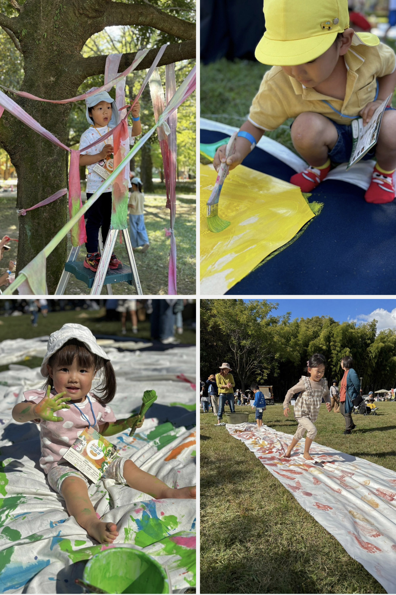 たくさん用意された絵具や染料、そして、大きな布に好きなように色を塗ったり絵を描いたり。
