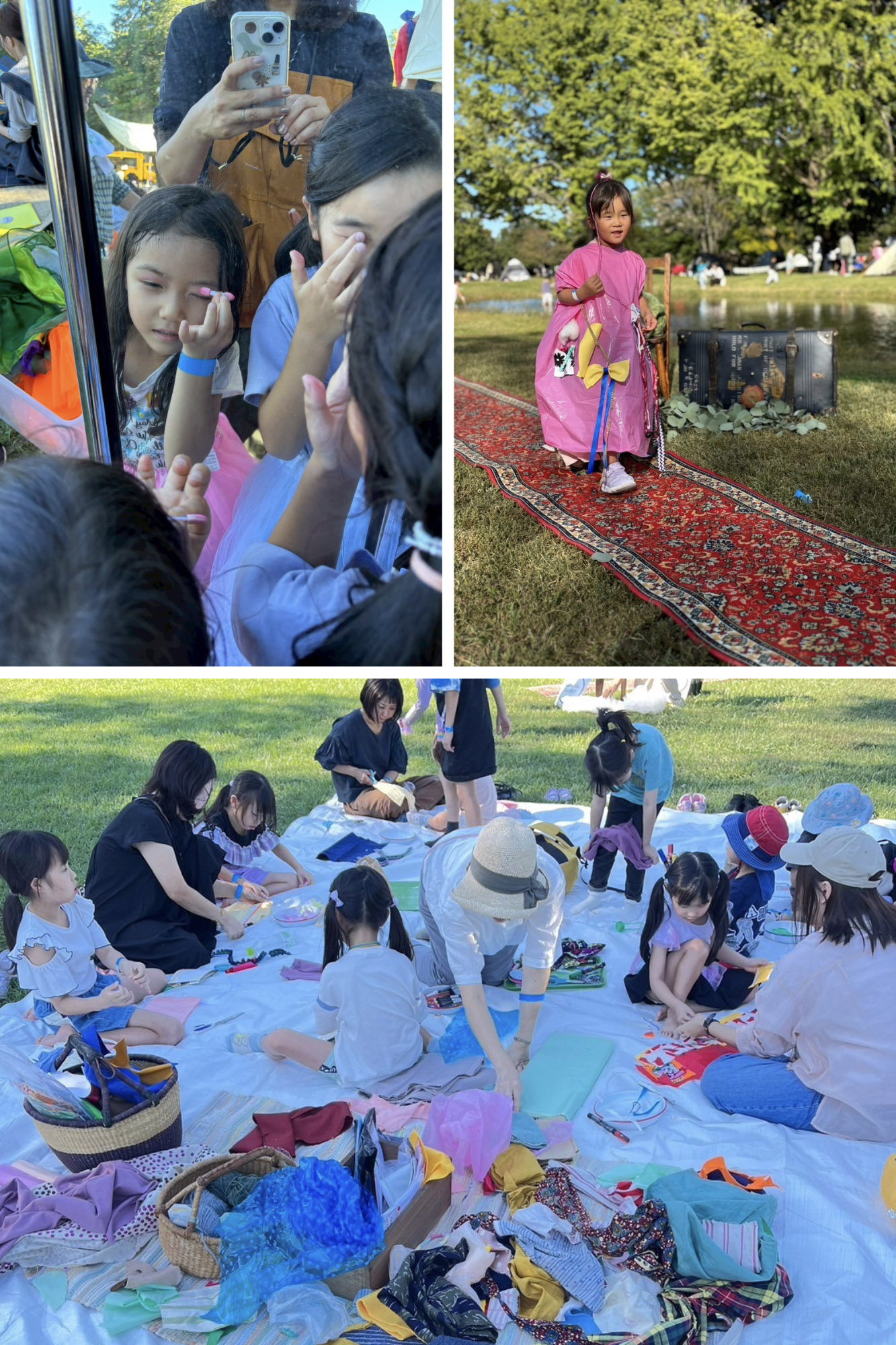 端切れを組み合わせて衣装をつくり、メイクアップもして、突如始まるファッションショー！
